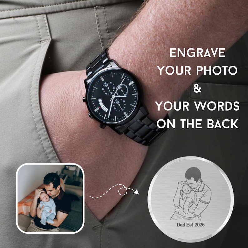 Personalized anniversary gift for him: men's luxury watch with custom photo laser engraving on the back of the watch face