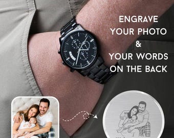 Personalized Engraved Black Chronograph Watch, Custom Photo & Message Gift for Dad Husband or Grandpa, Father's Day Gift for Him
