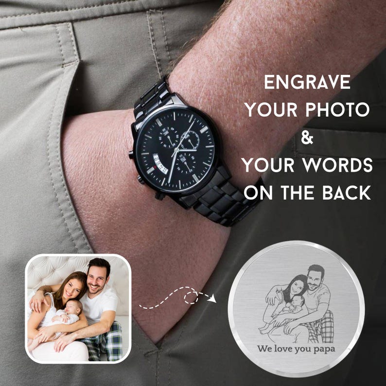 Custom photo laser engraved wooden wristwatch with a personalized family picture on the back dial, luxury leather strap close-up shot.