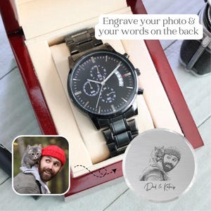 family photo gift, birthday gift husband, anniversary gift, Father's Day gift, gift for dad, black chronograph wristwatch, personalized wristwatch for men, photo engraved jewelry, free engraving gift, custom name gift, jewelry for men, keepsake gift men, one of a kind gift, unique gift, cat owner gift, turn photo to gift, premium gift men, premium wristwatch men, picture wristwatch dad, family portrait gift, black classic wristwatch, engraved watch for husband, gifts for cat dad, dad & pet photo