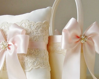 Flower Girl Basket / Wedding Flower Girl Basket / Ring Bearer Pillow /Lace and Bow Basket / Flower Girl Basket and Ring Bearer Pillow