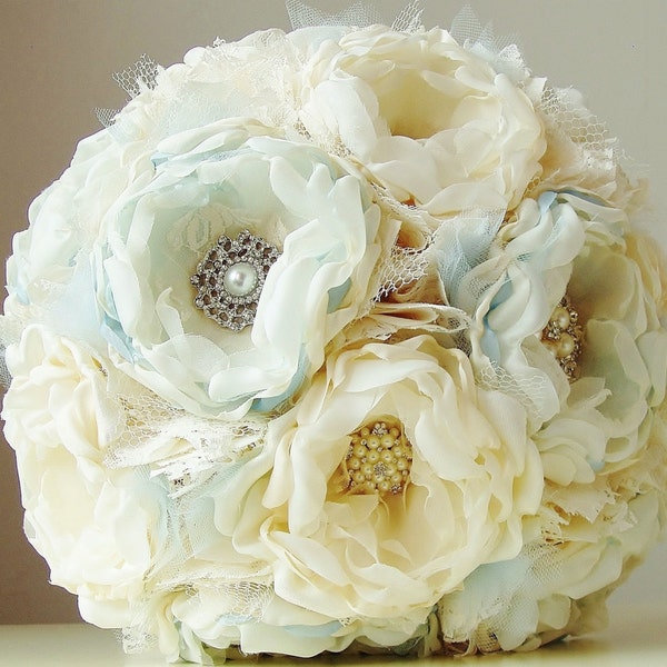 Fabric Flower Bouquet,  Vintage Wedding Bouquet,  Wedding Brooch Bouquet,  Handmade Bridal Bouquet, 50% DEPOSIT PAYMENT ONLY