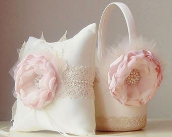 Flower Girl Basket / Blush Wedding / Flower Girl Basket with Lace and Pearls / Wedding Basket / Flower Girl Basket and Ring Bearer Pillow