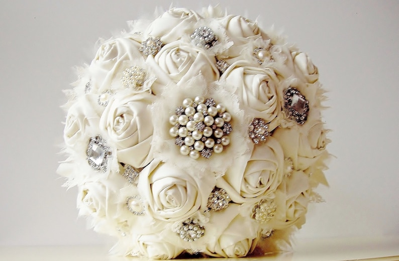 Fabric Flower Bouquet, Vintage Style Wedding Bouquet, Handmade Fabric Bridal Bouquet, Brooch Bouquet, 50% DEPOSIT PAYMENT ONLY image 1