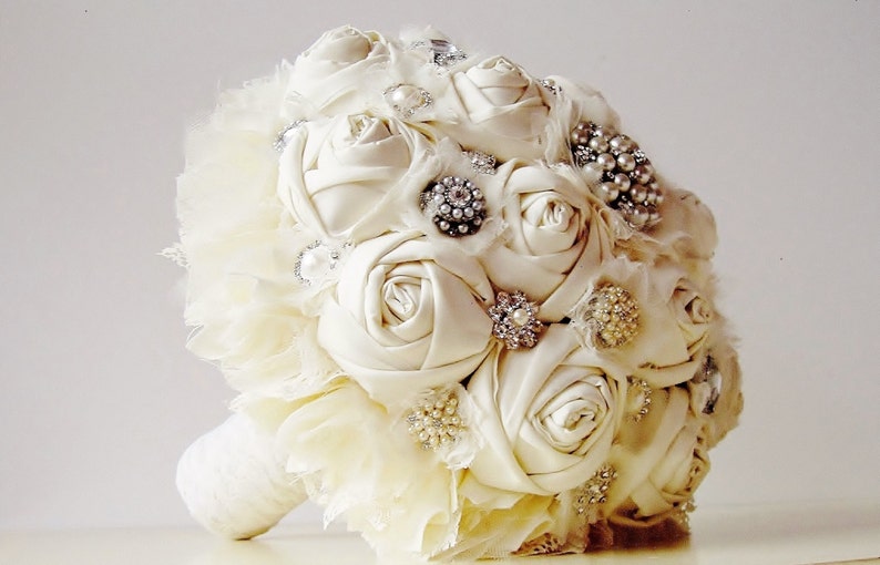 Fabric Flower Bouquet, Vintage Style Wedding Bouquet, Handmade Fabric Bridal Bouquet, Brooch Bouquet, 50% DEPOSIT PAYMENT ONLY image 2