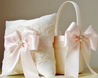 Flower Girl Basket / Wedding Flower Girl Basket / Ring Bearer Pillow /Lace and Bow Basket / Flower Girl Basket and Ring Bearer Pillow