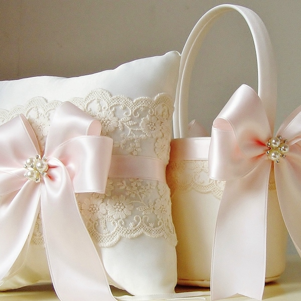 Flower Girl Basket / Wedding Flower Girl Basket / Ring Bearer Pillow /Lace and Bow Basket / Flower Girl Basket and Ring Bearer Pillow