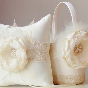 Cesta de flores para niña color marfil / Cesta de flores para novia / Cesta de flores para niña / Cesta de boda / Cesta de flores para niña y almohada para llevar anillos