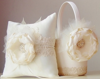 Ivory Flower Girl Basket / Bridal Flower Girl Basket / Flower Girl Basket / Wedding Basket / Flower Girl Basket and Ring Bearer Pillow