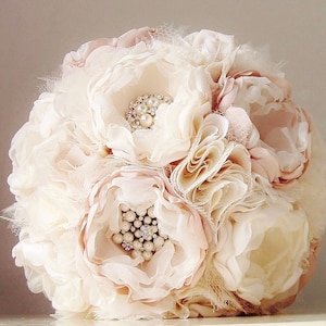 SALE 40% OFF - Fabric Bridal Bouquet, Brooch Bouquet, Weddings, Vintage Wedding, Fabric Flower Bouquet - FREE Boutonniere Included