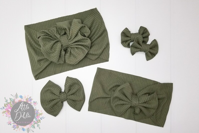 Baby Headband Green Headband Bow Clip Sage Pigtail Bows Big Bow Baby Headband Bow Headwrap Rib Knit Baby Bow Messy Bow