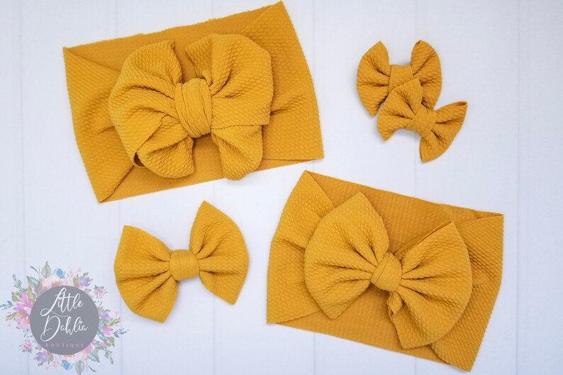 Piggie Set Yellow Headband Big Bow Headwrap Girls Bow Bow Clip Mustard Yellow Bow Big Bow Baby Bow Messy Bow Piggie Bows