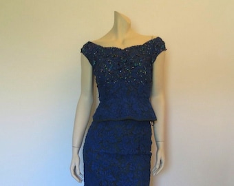 1960s Cobalt Blue Alencon Lace Three Piece Vintage Cocktail Dress With Beading - Bust 86 cm