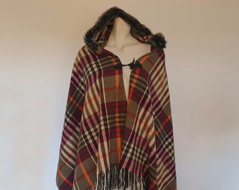 Plaid Poncho with Faux Fur Trimmed Hood