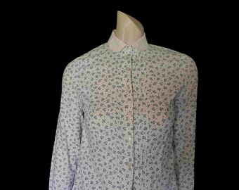 1970s Navy Print Cotton Blouse with Peter Pan Collar by Briarose - XS