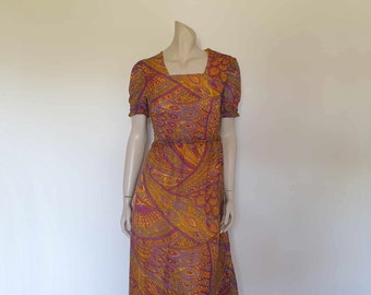 Abstract Print Purple & Yellow Maxi Dress with Shirring - S