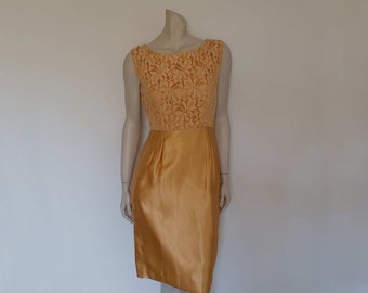 SALE - Gold Satin and Lace Vintage Party Dress - 1960s - Bust 86 cm