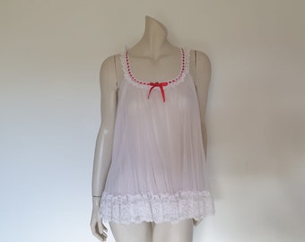 Camisón Babydoll transparente de color rosa pálido con lazo rojo - S