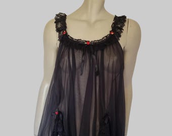 Lacy Black Babydoll Nightgown With Red Rosettes - L