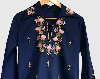 Navy Blue Pullover Embroidered Shirt - S