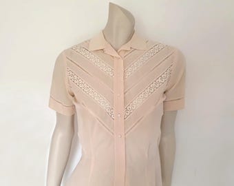 1950s Pink, Blush, Blouse With Inset Lace by Park Lane - M