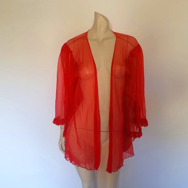 Sheer Red Mini Robe With Full Sleeves - M