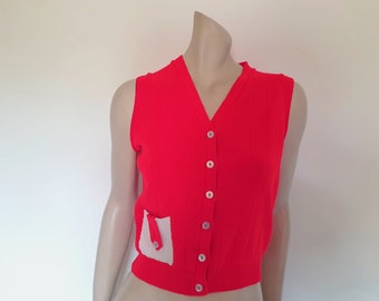 1970s Bright Red, Scarlet, Ribbed Vest