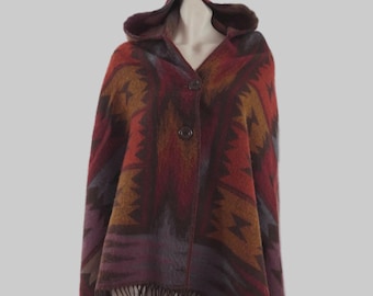 Hooded Poncho With Geometric Pattern and Fringe