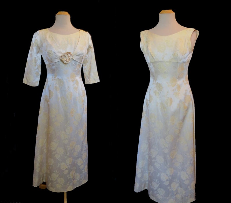 Cream Damask Wedding Dress With Bolero 1960s Vintage Bust 81 cm