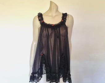 Lacy Black Babydoll Nightgown With Red Rosettes - L