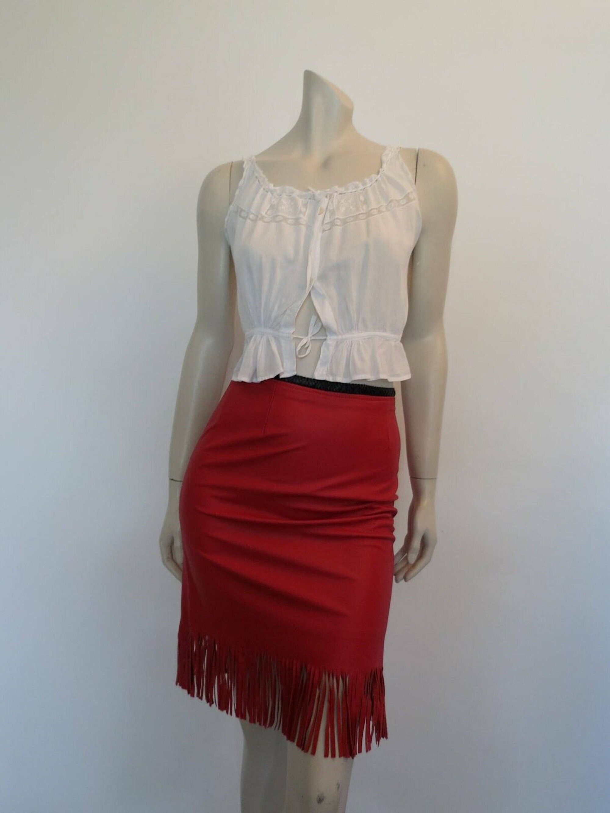 Red Ultrasheen Rhythm with Fringe Skirt and One Sleeve — DORÉ DESIGNS
