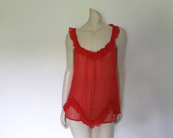 Camisón Babydoll rojo transparente con ribete de roseta - S