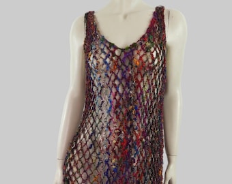 Boho Multi-coloured Macrame Over Dress or Cover Up With Tassels - M