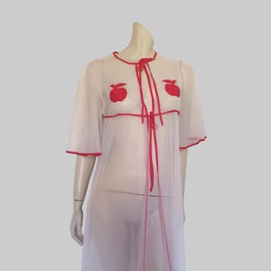 1970s Sheer White Robe With Apple Appliques & Red Trim - M