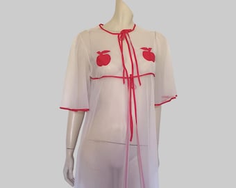 1970s Sheer White Robe With Apple Appliques & Red Trim - M