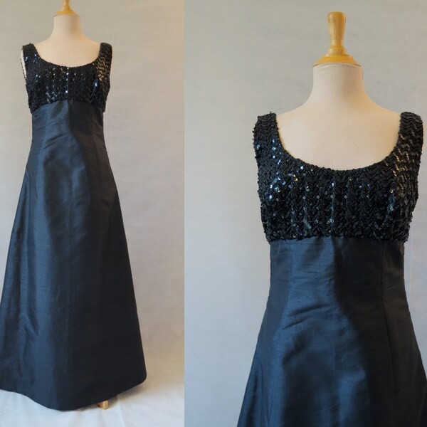 Black Silk Shantung Beaded Evening Gown - 1960s