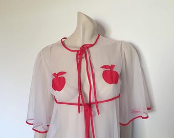 1970s Sheer White Robe With Apple Appliques & Red Trim - M