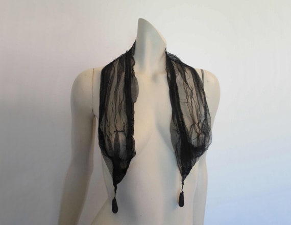 Antique, Edwardian, Black Net Scarf With Crochet B