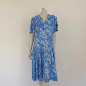 1970s Blue Floral Jersey Dress - XL