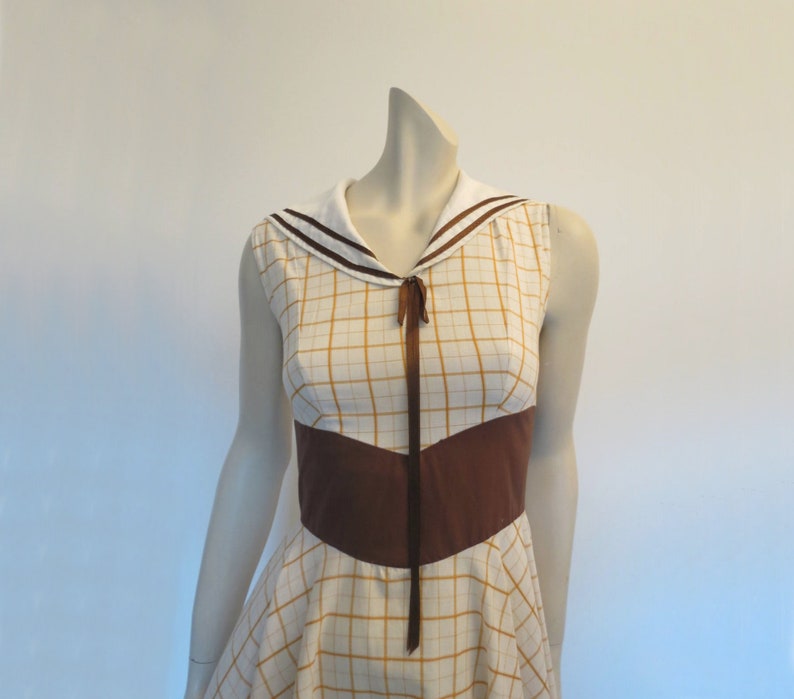 Bust 81 cm Brown Checked 50s Style Dress With Sailor Collar