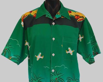 Green Hawaiian Shirt With Bombers & Surfboards - XL