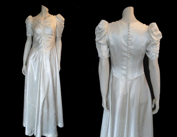 1930s Satin Damask Wedding Dress With Puffy Sleeve