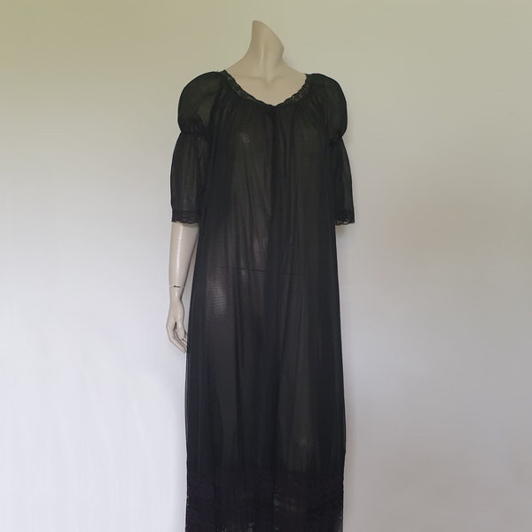Sheer Black Peignoir, Robe, with Fancy Sleeves - M