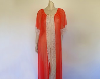 1960s Sheer Bright Red Robe, Peignoir - M