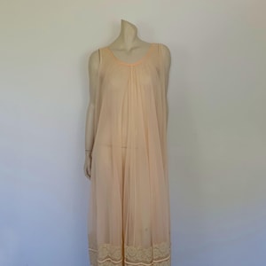 1960s Sheer Pale Peach Nightgown With Deep Lace Border - M