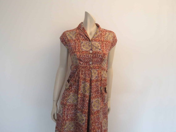 Salmon Cotton Print Dress - 1950s - Bust 81 cm