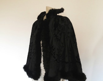 Antique, Victorian 1890s Opera Cape With Beading and Feather Trim