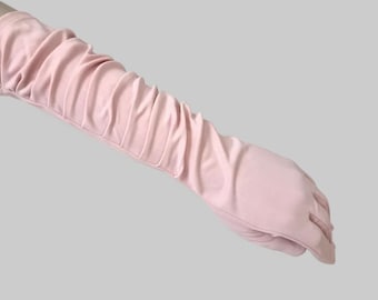 1960s Long Pink Gathered Gloves - Size 7 1/2 - Large
