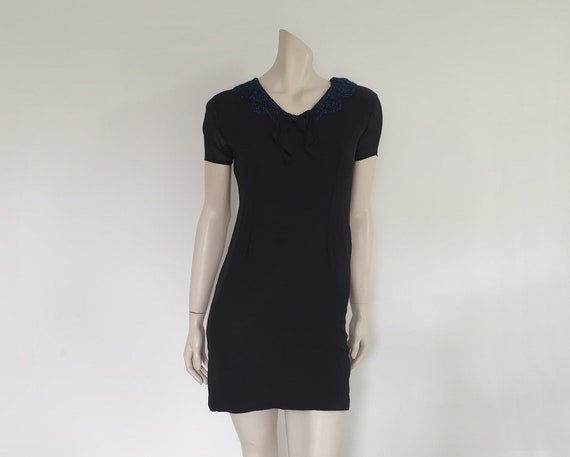 1960s Black Mini Dress With Blue Glitter Faux Collar - S
