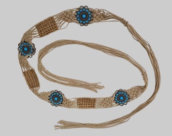 Vintage Beige Macrame Belt With Faux Turquoise & Beads